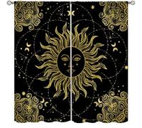 Sun Moon Curtains,Black Gold Moon Phase Aesthetic Drape for Bedroom Living Room Kitchen Window Treatment 2 Panels Set Total Size 42" W X 63" L Inch