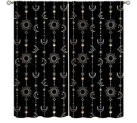 Sun Moon Curtains,Mysterious Black Gold Sun Moon Star Boho Style Decor Drape for Kids Teens Bedroom Living Room Kitchen Window Treatment 2 Panels Set Total Size 42" W X 45" L Inch