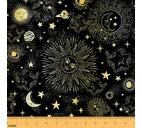 Sun Moon Fabric by The Yard, Starry Sky Series Upholstery Fabric Kids, Cosmic Planets Sun Face Pattern Decorative Fabric Boys Girls, Trippy Hippie Indoor Outdoor Fabric, DIY Art 3 Yards, Golden Black