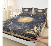 Sun Moon Fitted Sheet King Size,Boho Style Exotic Mattress Cover Retro Flowers Plant Bedding Set for Kids Adults Navy Gold Yellow Deep Pocket Sheet 3Pcs,No Top Flat