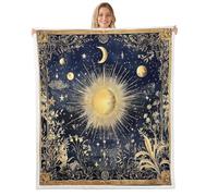 Sun Moon Flannel Fleece Throw Blanket 40"x50" Boho Style Exotic Fuzzy Blanket for Sofa Couch Retro Flowers Plant All Season Bed Blankets Plush Blankets,Navy Gold Yellow