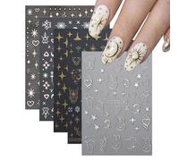 Sun Moon Heart Star Nail Art Stickers - 10 Sheets Self-Adhesive Gold Silver Decals for Nail Art Design Decorations