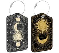 Sun Moon Luggage Tag for Suitcase 2 Pack Leather Luggage Tag with Privacy Flap Name ID Label and Metal Loop for Women Men Travel