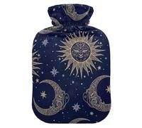 Sun Moon Navy Blue Stars Hot Water Bottles with Soft Velvet Cover Warm Water Heat Bottles for Menstrual Cramps Pain Relief Small