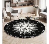 Sun Moon Printed Round Black White Area Rug, Washable Non Slip Soft Fantasy Celestial Elements Bedside Circle Rugs, for Nursery Bedroom Kitchen Entryway Living Room Anti Slip Carpet 150cm