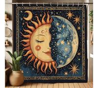 Sun Moon Shower Curtain, Celestial Blue Gold Bathroom Decor for Summer, Bohemian Ethnic Style Waterproof Fabric Shower Curtain Set with Hooks 72x72 Inch