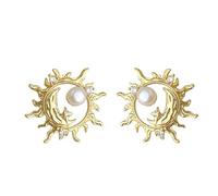 Sun Moon Star Stud Earrings, Gold Plated Copper Celestial Earrings with Freshwater Pearl & CZ, 925 Sterling Silver Post Jewelry for Wedding Party Daily Vacation Wear