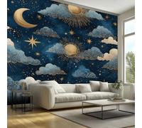 Sun Moon Star Wallpaper & Wall Mural Self Adhesive, 100x70 cm - Boho Clouds Blue Celestial Home Wall Decor for Bedroom, Living Room - SWJE2251