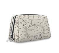 Sun Moon Theme,Large Capacity Travel Leather Cosmetic Bag,Papyrus Image Zodiac with Sun Moon,Multifunctional Storage Makeup Bag for Women,Brown Yellow,M