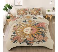 Sun Moon Totem Super King Duvet Cover Set, Retro Flower Soft Microfiber Bedding with Pillow Cases, Bohemian Style Quilt Cover Easy Care, Folk Art Duvet Cover with Zipper, 260x220cm