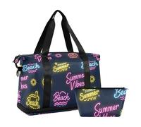Sun Neon Summer Vibes Beach Shoulder Weekender Overnight Bag with Wet Pocket Adjustable Strap Gym Bag for Yoga 2 Pcs Set for men women