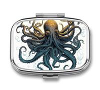 Sun Ocean Octopus Pill Box 2 Compartment - Small Metal Medicine Organizer Portable Pill Case for Purse Pocket Travel Vitamin Organizer for Men Women, BPA-Free