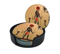 Sun Old Egyptian Timeless Grace Print Coasters For Drinks With Holder Set Of 6, Pu Leather Coasters Drink Coasters Cup Pad Mats