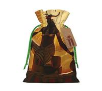 Sun Old Egyptian Timeless Grace Printed Christmas Drawstring Bags for Party Xmas Gift Wrapping, Green Christmas Ribbon, S