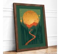 Sun Over Forest Path Minimalist Framed Wall Art Print A1 Walnut | Ready to Hang, Premium Gi Paper, Fade-Resistant Inks, Securely Packaged, UK Made
