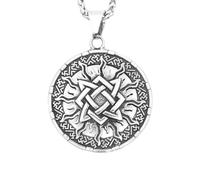 Sun Pendant Necklace, Slavic Knot Symbol with Flame Rays and Runic Border | Round medallion, interlocking square design, ornate patterned edge, antique finish, mythology-inspired style, everyday wear