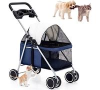 SUN RDPP Pet Stroller Dog Stroller, 4 Wheels Folding with Cup Holder, Foldable Travel Carriage, Portable Doggie Cage Strolling Cart for Small Medium Dogs & Cats,Blue
