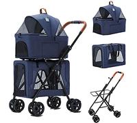 SUN RDPP Pet Stroller with Rear Wheel Brake Detachable, Dog Strollers with 4 Wheels, 3-in-1 Foldable Pet Stroller Travel Carrier with Storage Basket, Mesh Windows Entrance,Blue