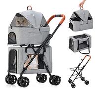 SUN RDPP Pet Stroller with Rear Wheel Brake Detachable, Dog Strollers with 4 Wheels, 3-in-1 Foldable Pet Stroller Travel Carrier with Storage Basket, Mesh Windows Entrance,Gray