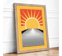 Sun Rises Over Sea Art Deco Framed Wall Art Print A2 (59.4×42cm) Oak, Wall Decor for Living Room, Bedroom, Office & Home, Ready to Hang, Art Gift