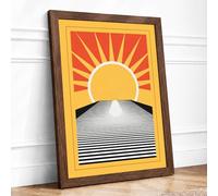 Sun Rises Over Sea Art Deco Framed Wall Art Print A2 (59.4×42cm) Walnut, Wall Decor for Living Room, Bedroom, Office & Home, Ready to Hang, Art Gift