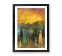 Sun Setting Behind An Autumn Forest Painting Modern Framed Wall Art Print, Ready to Hang Picture for Living Room Bedroom Home Office Décor, Black A3 (34 x 46 cm)