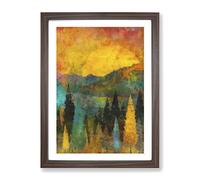 Sun Setting Behind An Autumn Forest Painting Modern Framed Wall Art Print, Ready to Hang Picture for Living Room Bedroom Home Office Décor, Walnut A3 (34 x 46 cm)