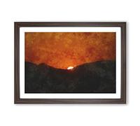 Sun Setting Behind The Mountains Painting Framed Print | A2 Walnut Framed Wall Art | Ready to Hang | Modern Landscape Picture | Living Room Bedroom Lounge Office