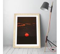 sun setting over the trees Stunning Framed Wall Art Print Picture - A3 - Light Oak Frame