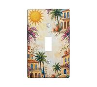 Sun Single Light Switch Cover Plate, Mediterranean Tropical Houses Palm Trees Summer Yellow Plastic Standard Size Decorative Wall Plates for Home Living Room Bedroom Bathroom Decor (Single)