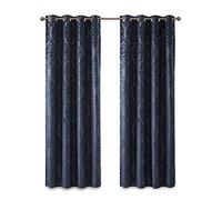 Sun Smart Mirage 100% Total Blackout Single Window Curtain, Knitted Jacquard Damask Room Darkening Curtain Panel with Grommet Top, 50x108, Navy