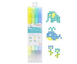 SUN-STAR "DotEPen, Double Sided Water- Based marker Pen, Square Dot and Fine- Point Pen for Art, Coloring, Illustrating, Set of 4,B Collection (Fluorescent Yellow, Fluorescent Green, Mint, Blue)