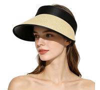 Sun Straw Visor for Women Summer Packable Ponytail Beach Cap UPF 50+ Sun Hats Wide Brim Straw Roll-Up Foldable UV Protection Hat Adjustable Sport Cap for Travel Golf Cycling Fishing Tennis Running
