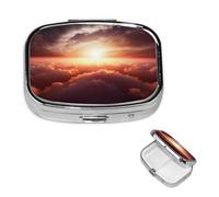 Sun Sunrise Cloud Pill Case with Mirror Retro 2 Compartment Pill Box Small Pill Organizer for Purse or Pocket Decorative Metal Medicine Vitamin Organizer Unique Gifts