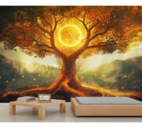 Sun Tree Mural Nature Mythology Universe Wallpaper Morning Light Mountain Mural Wallpaper Natural Landscape Bedrooms Living Room Room Decor Sofa TV Background Large Wall Painting Poster 450X300cm