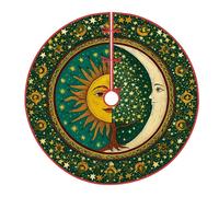 Sun Tree Skirt, Celestial Fanciful Moon Tree All Seasons Emerald Green Under Holiday Decorations for Home Office Indoor Outdoor Festival Party Decor 48 Inch