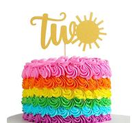 Sun Two Birthday Cake Topper - Single-sided Gold Glitter Sunshine 2nd Birthday Cake Smash Topper, 2 Anniversary Party Decoration, Photo Props, 2 Anniversary Smash Cakes Topper. (Sun Two)