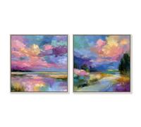 Sun Water Duo Framed Canvas Print Modern Wall Art Set by Art Remedy, Silver Frame, 12 x 12