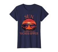 Sun Worshipper Beach Summer Vacation Sunset Womens T-Shirt, Women, Navy Blue, Small