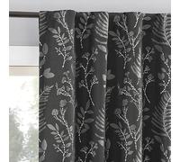Sun Zero Ambridge 2-Pack Embroidered Botanical Leaf Pleated Look 100% Blackout Back Tab Curtain Panel Pair, 50" x 84", Steel Gray