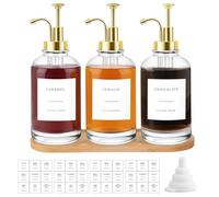 Sunal 3pack Coffee Syrup Dispenser,16.9 oz/500ml Gold Syrup Dispenser with Tray,Glass Pump Bottles with Funnel&36 Labels for Kitchen&Coffee Bar