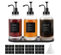 Sunal 3pack Coffee Syrup Dispenser,Black 16.9 oz/500ml Glass Pump Bottles with Tray,Syrup Dispenser with Funnel&36 Labels for Kitchen&Coffee Bar