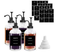 sunal Coffee Syrup Dispenser Glass Set, 500 ml/16.9 oz Syrup Dispenser, Pack of 4, Black Syrup Pump Dispenser Bottle, Honey Dispenser with 36 Waterproof Labels and 1 Silicone Funnel for Kitchen,