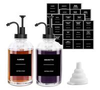 Sunal Coffee Syrup Dispenser Glass Set, Black, 500 ml/16.9 oz Syrup Dispenser, Pack of 2, Syrup Pump Dispenser Bottle, Honey Dispenser with 36 Waterproof Labels and Funnel & Pump for Kitchen, Coffee,
