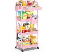 SUNALLY 4 Tier Rolling Utility Cart with Drawer, Storage Organizer Cart with 2 Lockable Wheels, Multifunctional Rolling Storage Cart for Bathroom, Kitchen, Craft, Makeup, Baby Essentials, Pink