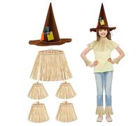 SunaOmni 5Pcs Scarecrow Costume with Wizard Hat, Lafite Paper Hawaiian Grass Skirt for Party Accessory Halloween Decoration Scarecrow Hawaiian Grass Skirt Wizard Costume Mask