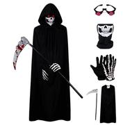 SunaOmni Grim Reaper Costume 5Pcs/Set for Kid-Large & Adult Glowing Eyes Cosplay Outfits for Kids Black Scary Halloween Costumes for Halloween Costume Parties, Cosplay Parties Costumes