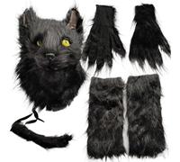 SunaOmni Halloween Black Cat Costume for Adult Women with Furry Cat Mask, Paw Gloves, Tail & Leg Warmers Fox Wolf Furry Costume for Cosplay Party Props Therian Mask Paw Gloves
