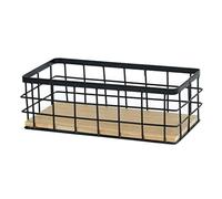 SunaOmni Metal Wire Storage Basket with Wooden Base - Rustic Iron Net Box Organizer - Black - 25x10x17cm