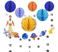 SUNBEAUTY 14 PCS Outer Space Party Decorations Space Birthday Decorations Solar System Hanging Honeycomb Decoration Galaxy Party Supplies 3D Planets for Birthday Baby Shower with Banner and Stars